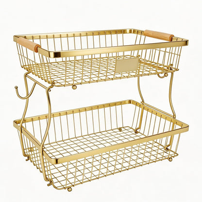 Fruit Basket Bowl 2 Tier Detachable with 2 Banana Hangers, Fruit Stand Holder for Kitchen Countertop, Metal Wire Vegetable Storage Organizer, for Bread Snack Veggies Produce, Black