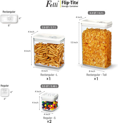 Felli Flip Tite Acrylic Food Storage Container with Lid 6” XL Air Tight Ring Seal Flip Top, Plastic Kitchen Baking Canister for 5 lb Flour Sugar Rice Protein Powder Pantry Organizer (Nest-M, White)