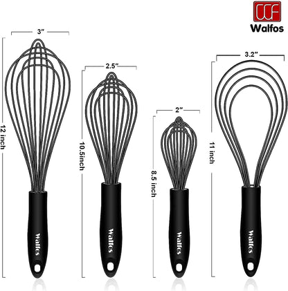 Walfos Silicone Whisk,Stainless Steel Wire Whisk -Heat Resistant 480°F Kitchen Whisks for Non-stick Cookware,Balloon Egg Beater Perfect for Blending,Whisking,Beating,Frothing & Stirring,Black