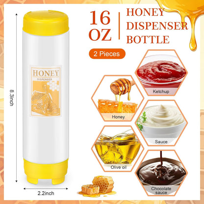 Patelai 2 Pcs Honey Dispenser No Drip, 16 oz Inverted Plastic Silicone Large Valve Honey Dispenser Bottles, Refillable Condiment Squeeze Bottle for Syrup, Agave, Salad Dressing, Ketchup, Breakfast Use