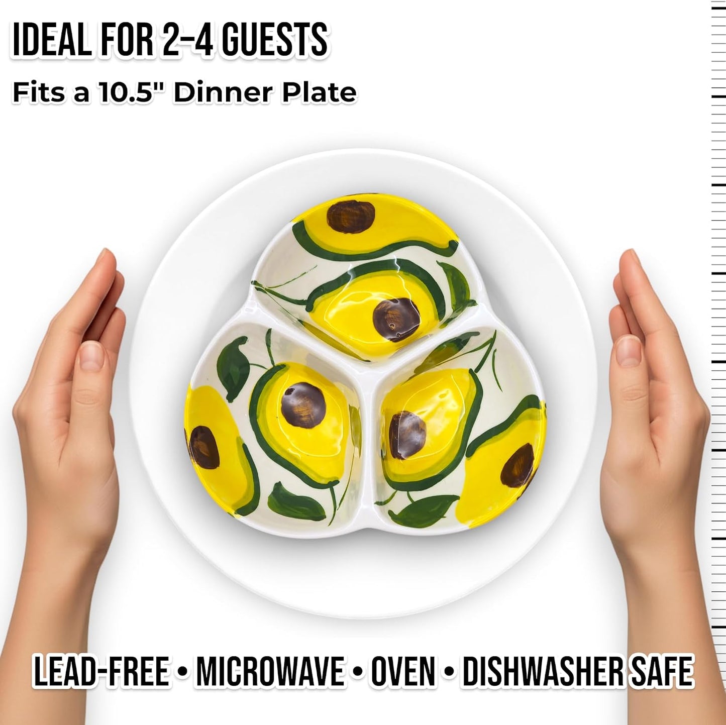 Ceramic Chip & Dip Bowl 7.5”, 3-Compartment Divided Serving Dish & Condiment Tray for Appetizers – Handmade in Spain, Lead-Free Glaze, Microwave, Oven & Dishwasher Safe