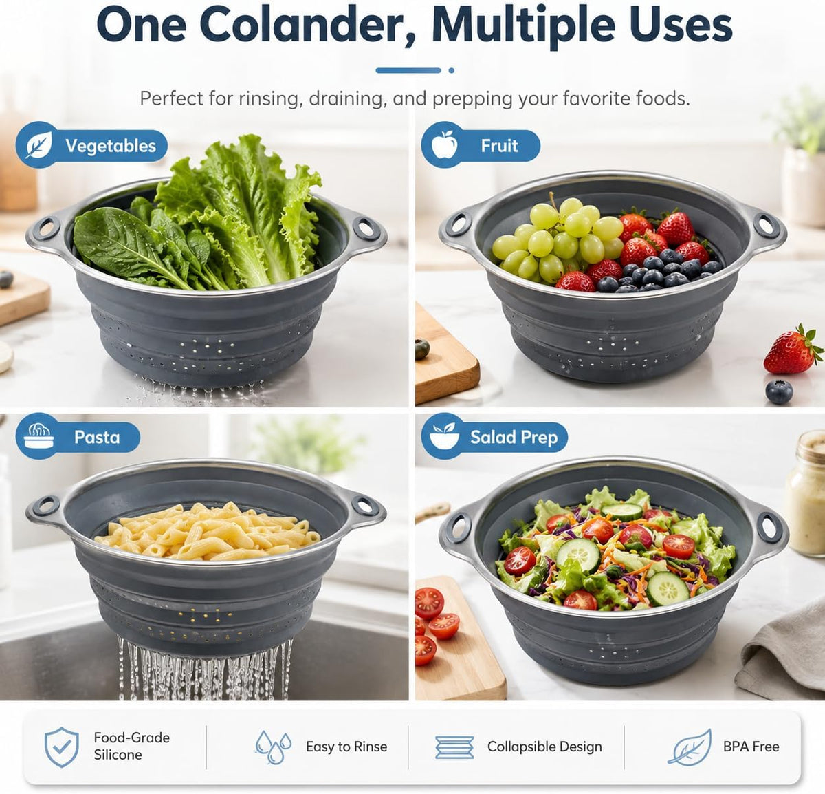 Mejoncb Collapsible Colander – Platinum Silicone Strainer with Stainless Steel Base, BPA-Free & Heat Resistant Kitchen Drain Basket (Gery)