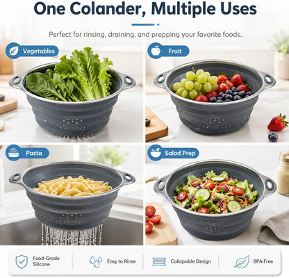 Mejoncb Collapsible Colander – Platinum Silicone Strainer with Stainless Steel Base, BPA-Free & Heat Resistant Kitchen Drain Basket (Gery)