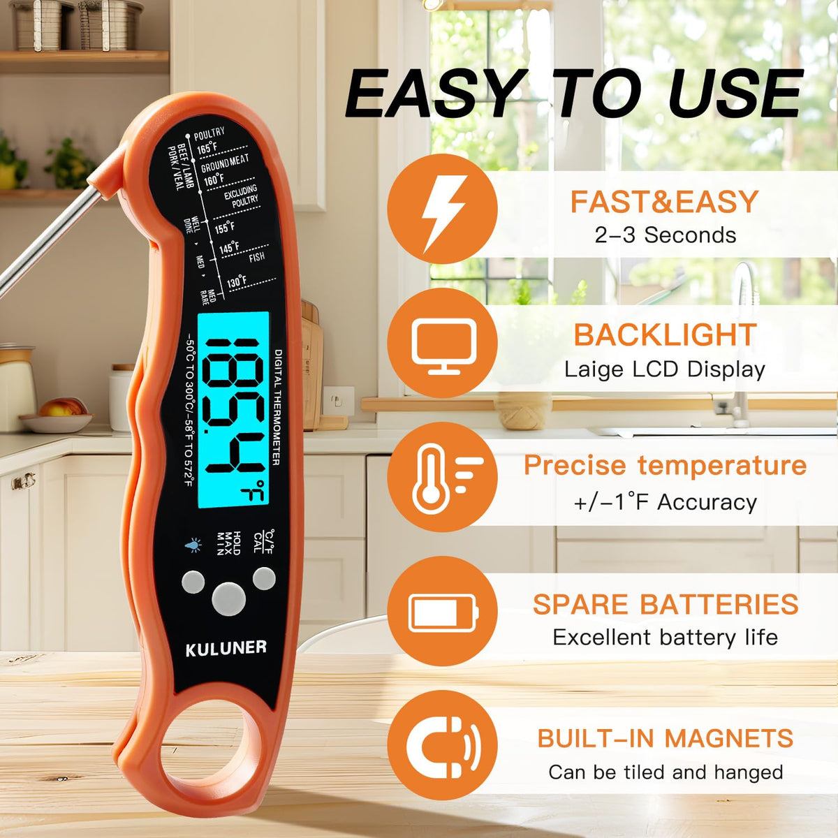 KULUNER Digital Instant Read Meat Thermometer for Cooking, Food,Grill