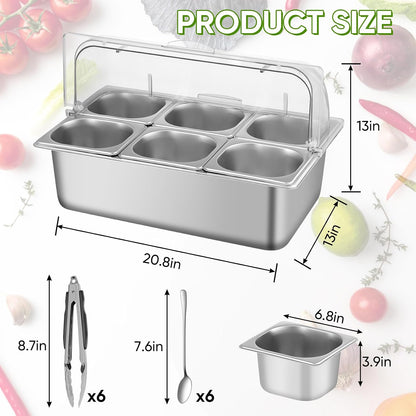 Countertop Food Serving Display Container with Clear Roll Top Cover, Stainless Steel Serving Tray Buffet Condiment Dispenser Ice Cooled Food Display Rack Pans(6 Pan)