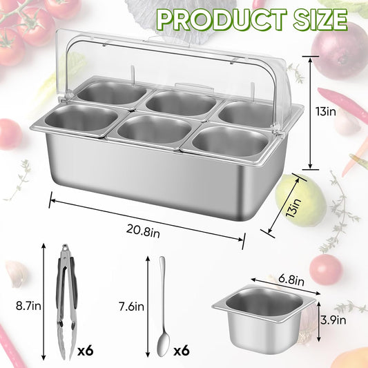 Countertop Food Serving Display Container with Clear Roll Top Cover, Stainless Steel Serving Tray Buffet Condiment Dispenser Ice Cooled Food Display Rack Pans(6 Pan)