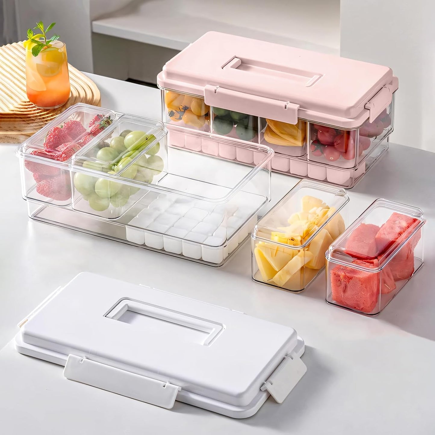 MANO 2pack Chilled Condiment Caddy with Lid Iced Snackle Box Container for Fruit Veggie Serving Tray with Handle Divided Garnish Tray Server Outdoor Camping Picnic Fridge Storage white&beige