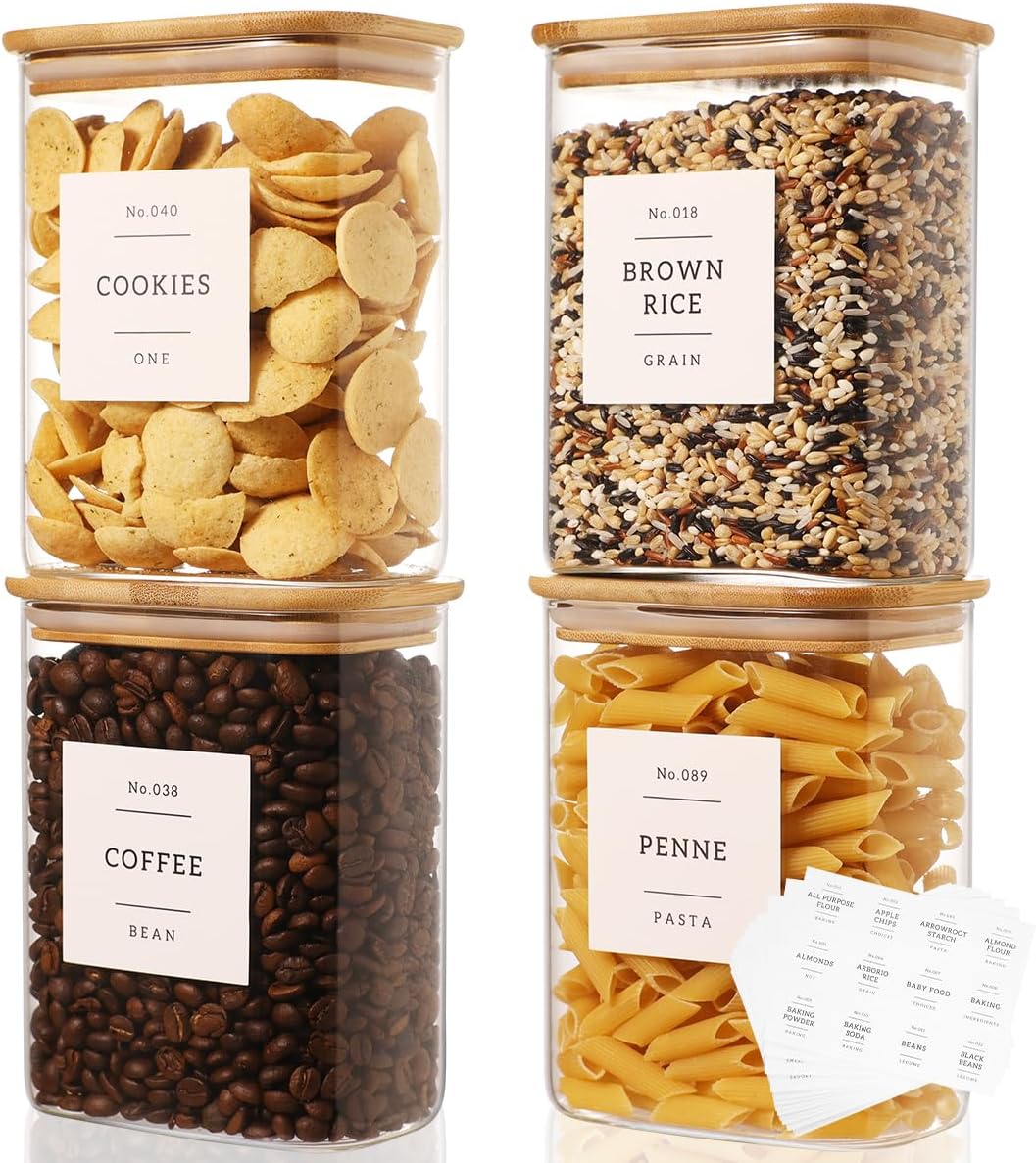2 Pack large Square Glass Flour and Sugar Containers with 132 Kitchen Pantry Labels - 149 floz & 71 floz - Glass Jars with Airtight Bamboo Lid - Glass Rice Canisters for Coffee, Pasta, Cookie, Cereal