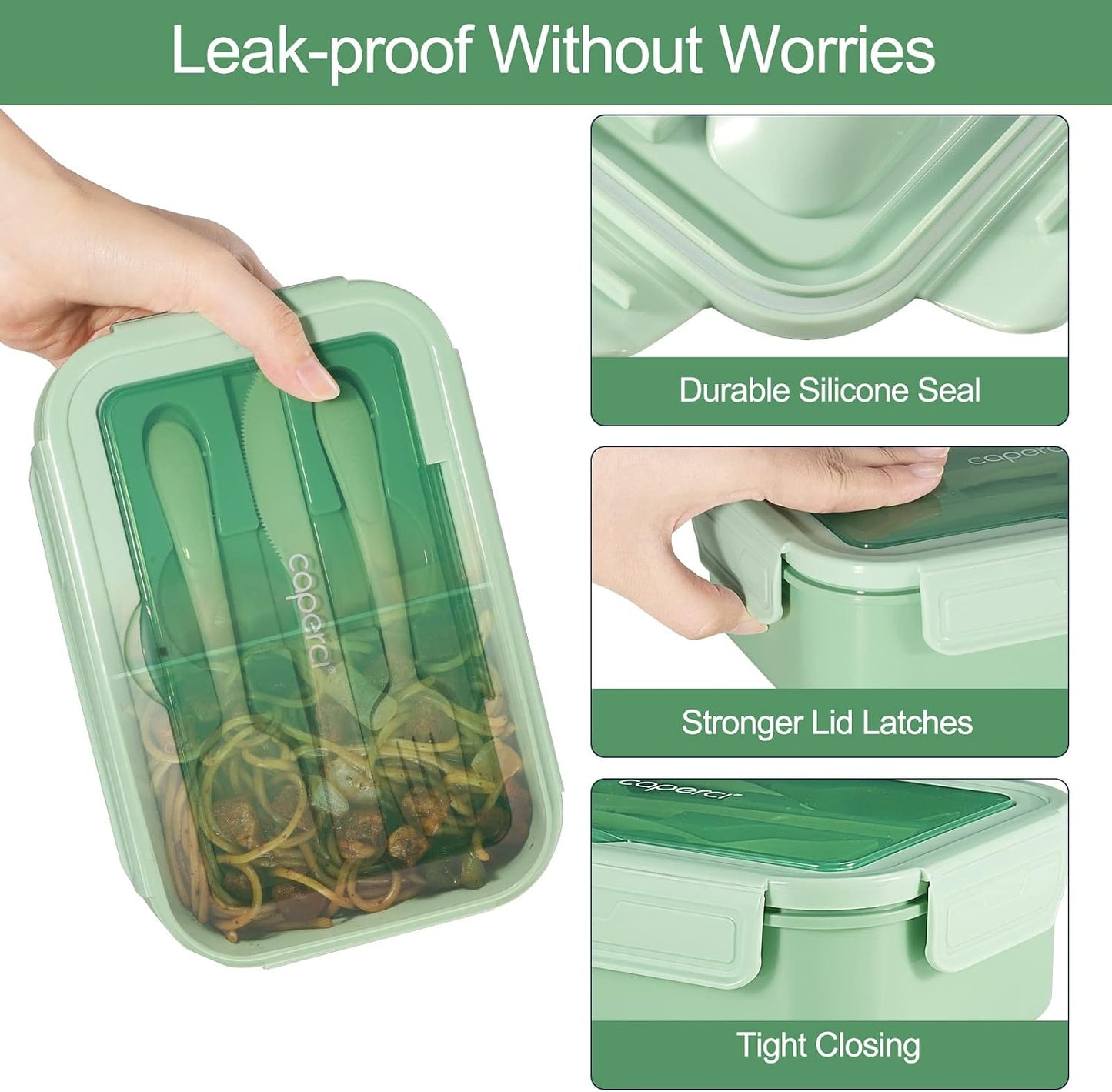 Caperci Classic Bento Box Adult Lunch Box for Older Kids - Leakpoof 47 oz 3-Compartment Lunch Containers for Adults and Teens, Built-in Utensil Set, Ideal for On-the-Go Balanced Eating,Khaki Green