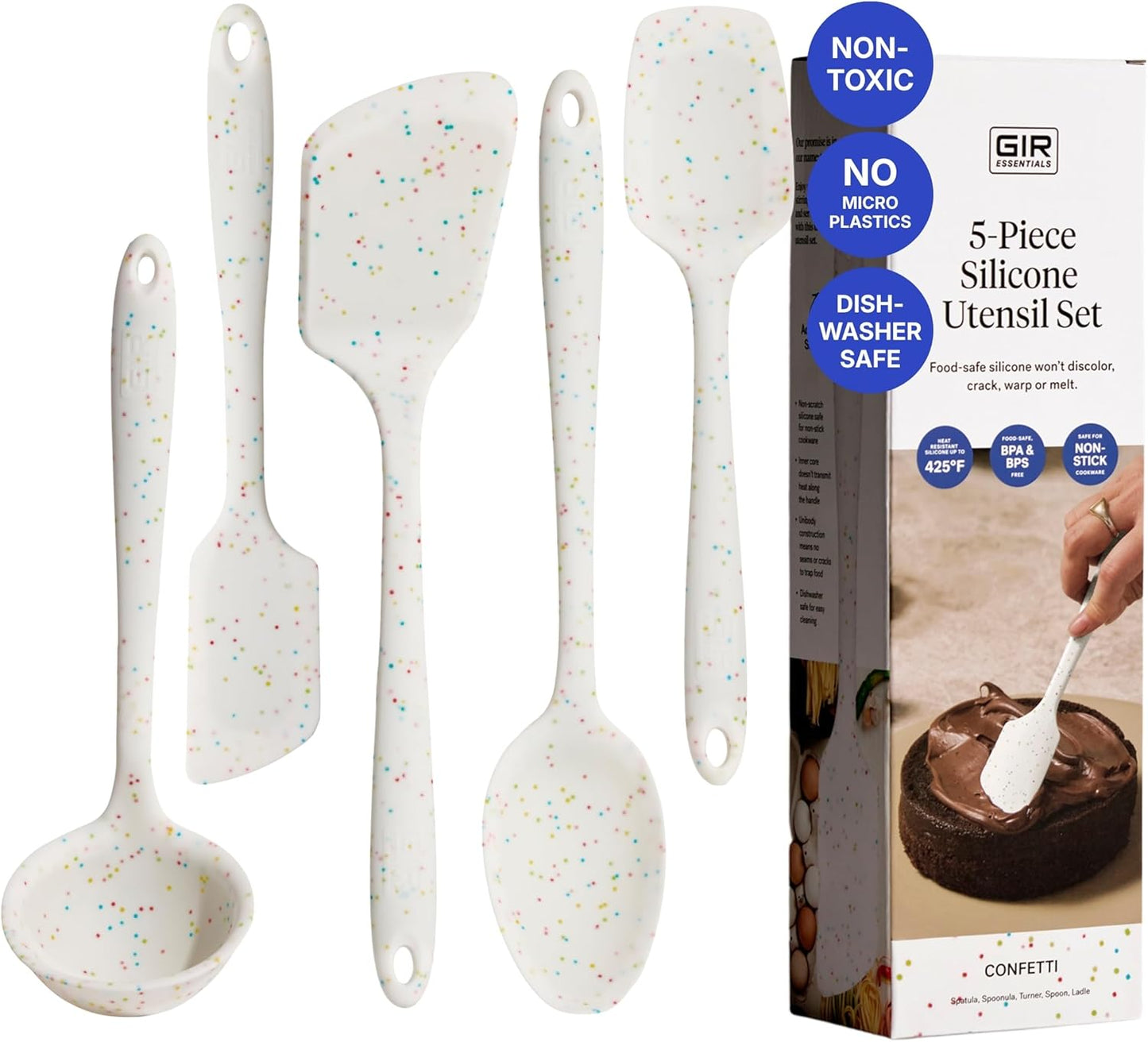 GIR 5-Piece Silicone Kitchen Utensils Set, Non-Toxic Cooking Utensils for Cooking and Baking, Heat Resistant, Food Grade, Dishwasher Safe Rubber Spatula, Ladle, Spoon - Charcoal
