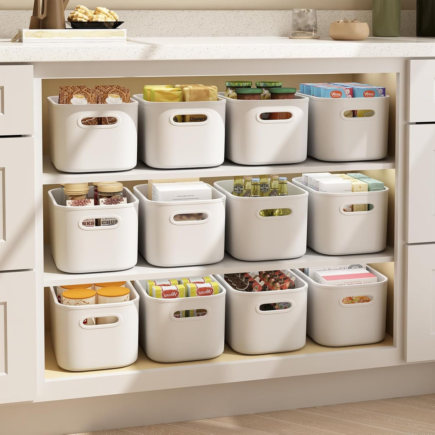 12 Pack Black Storage Bins for Shelves, Plastic Storage Containers for Organizing, Stackable Storage Boxes with Handle, Black Storage Bins for Classroom, Craft, Snacks, Cabinet, 9.7x6.7x5.7inch