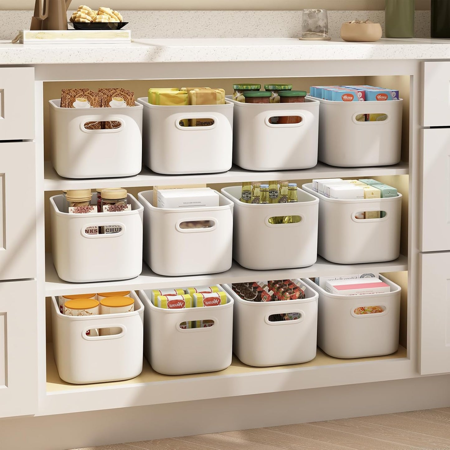 8 Pack White Storage Bins with Lids for Shelves, White Storage Containers with Lids for Organizing, Storage Box with Handle, Stackable White Plastic Bin for Classroom, Craft, Snacks