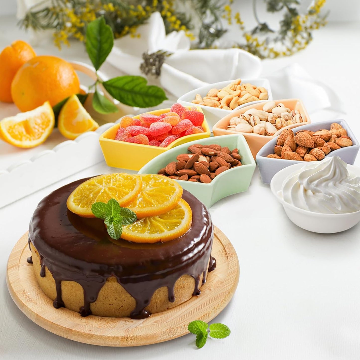 AVLA 11" Ceramic Divided Serving Dishes, Lazy Susan Party Appetizer Platter, 6 Removable Snack Bowl with Rotatable Bamboo Tray, Porcelain Relish Tray for Chips and Dips, Candy, Nut, Condiment, Veggie