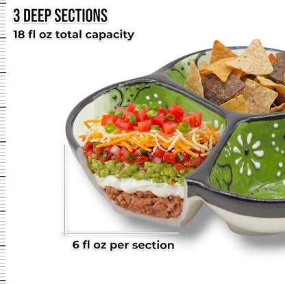 Ceramic Chip & Dip Bowl 7.5”, 3-Compartment Divided Serving Dish & Condiment Tray for Appetizers – Handmade in Spain, Lead-Free Glaze, Microwave, Oven & Dishwasher Safe