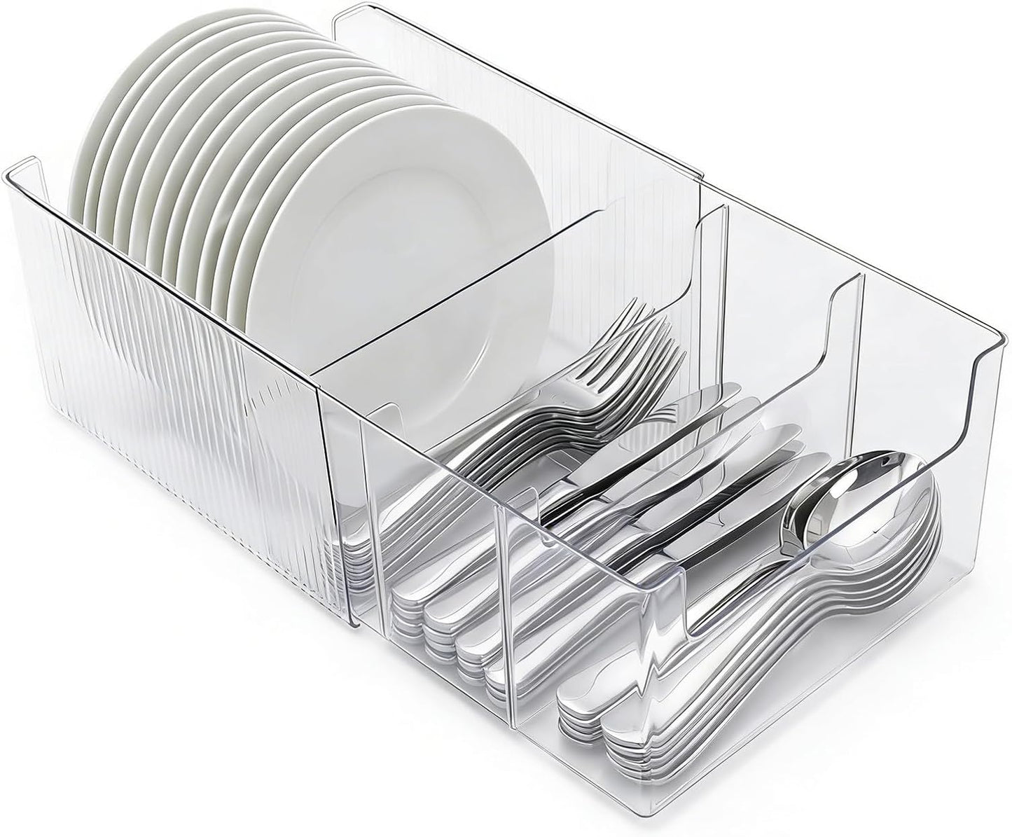Expandable Dish and Flatware Organizer for Kitchen Countertop, Clear Plate Holder with Removable Divider, Plastic Cutlery Storage Bin for Cabinet Pantry Shelf, Adjustable Dinnerware Caddy