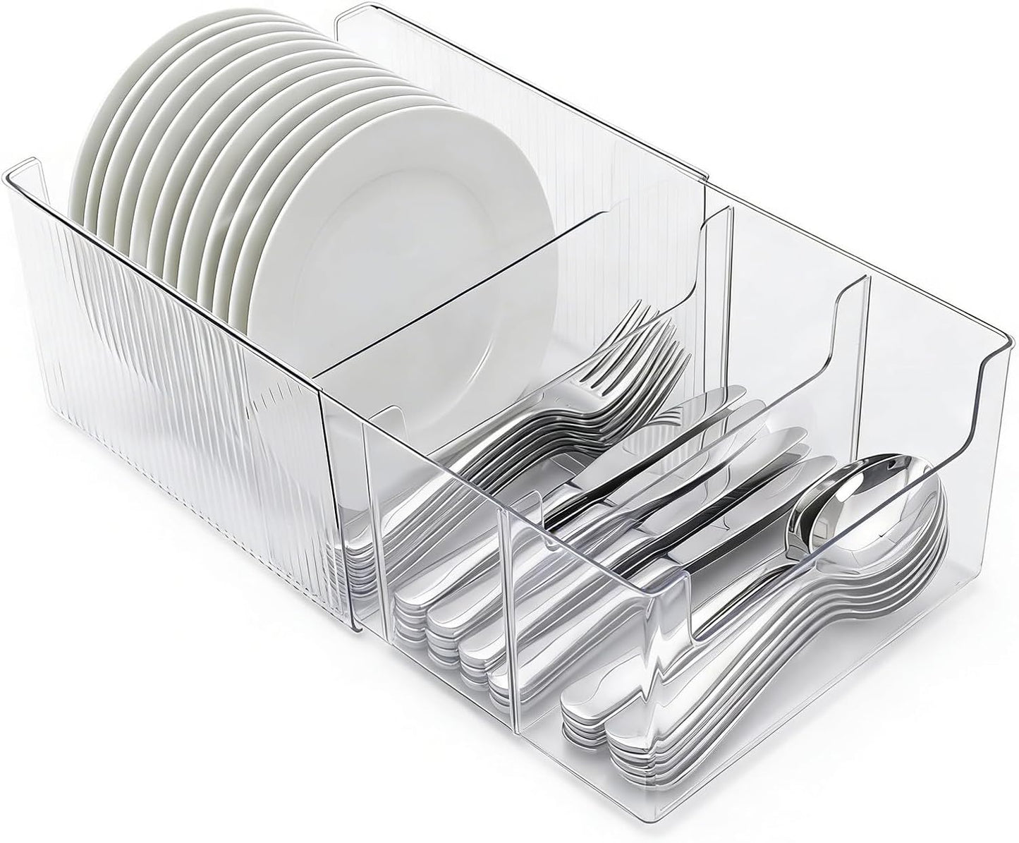 Expandable Dish and Flatware Organizer for Kitchen Countertop, Clear Plate Holder with Removable Divider, Plastic Cutlery Storage Bin for Cabinet Pantry Shelf, Adjustable Dinnerware Caddy