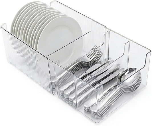 Expandable Dish and Flatware Organizer for Kitchen Countertop, Clear Plate Holder with Removable Divider, Plastic Cutlery Storage Bin for Cabinet Pantry Shelf, Adjustable Dinnerware Caddy