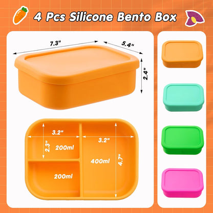 Layhit 4 Pcs Silicone Bento Box for Adults, 27 oz Bento Lunch Container Reusable 3 Compartment Lunchable Food Container for Women Men, Leak Proof Microwave Dishwasher Freezer Safe (Cool Colors)