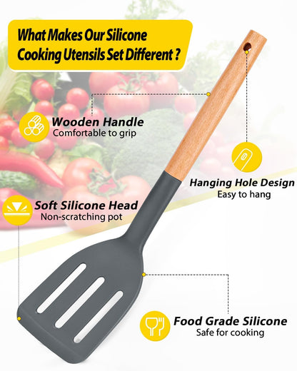 Pack of 4 Silicone Cooking Utensils Set, Non Stick Solid Spatulas and Heat Resistant Slotted Spoons with Wooden Handle, Ideal Wood Kitchen Utensils Set for Frying,Serving,Turning,Stirring (KHAKI)