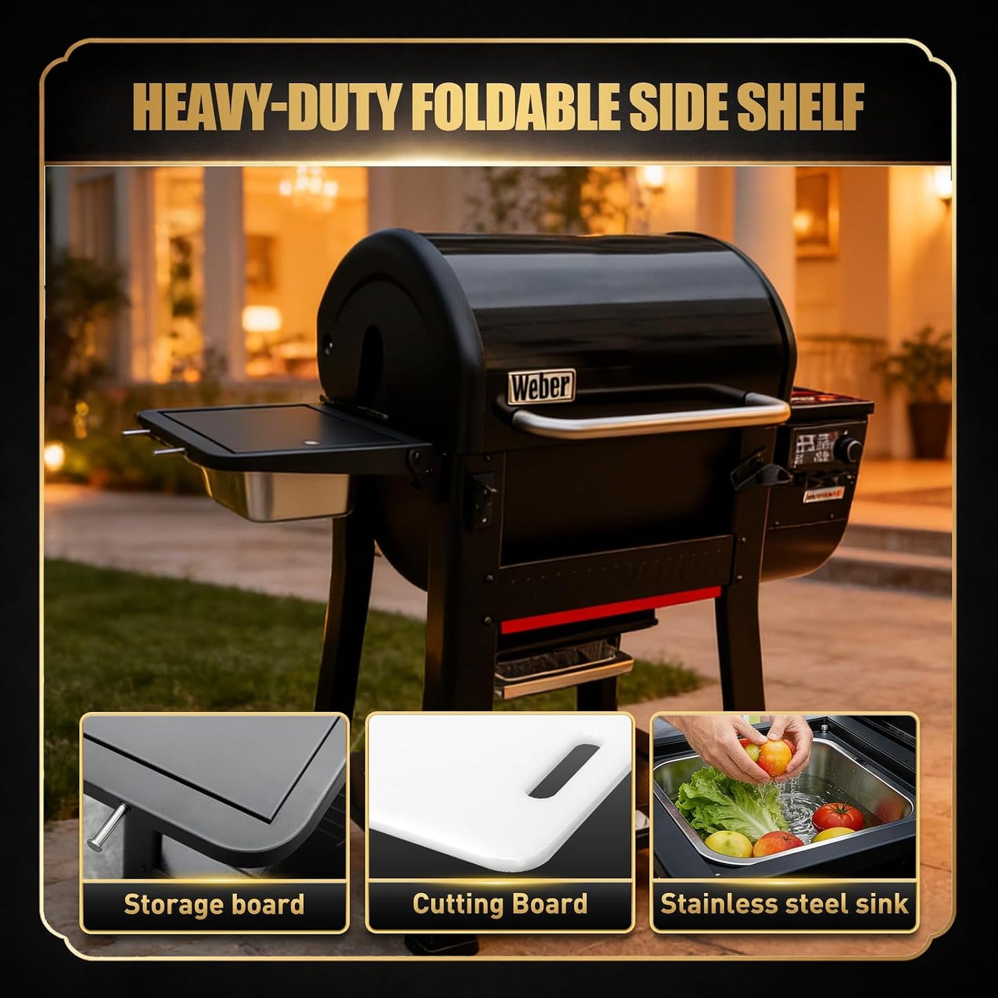 QuliMetal Folding Front Shelf for Traeger Pro 34, Texas Elite 34, Century 885 and Eastwood 34, 37" x 12" Heavy-Duty Grill Prep Table with Cutting Board, Stainless Steel Basin, Lid and 5 Hooks