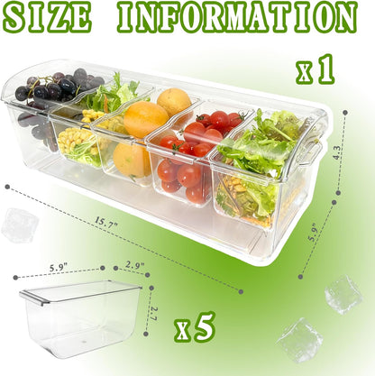 Ice Chilled Condiment Server, 5 Removable Compartments Condiment Containers with Lids Drain Plug, Clear Garnish Tray Serving Platter Holder for Caddy Fruit Snack Sauce Taco Salad Bar Supplies