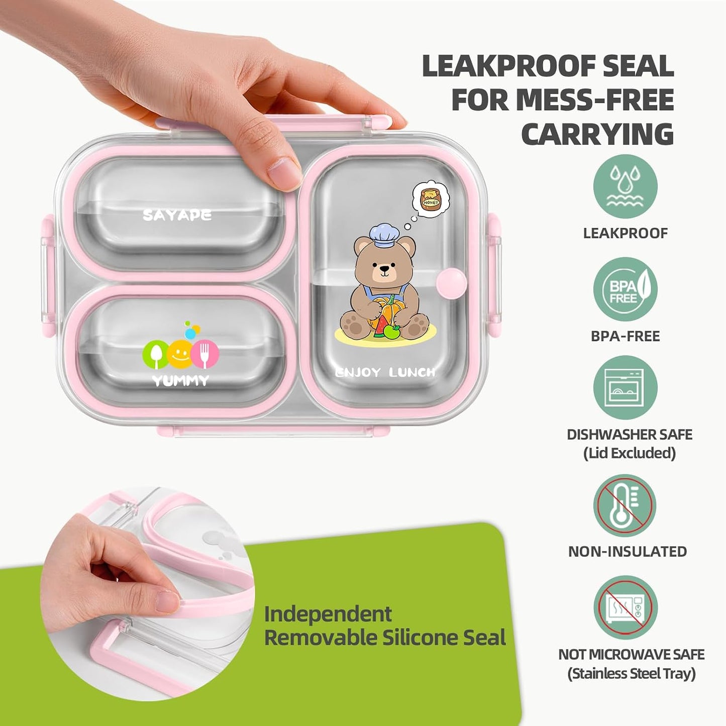 Stainless Steel Bento Lunch Box for Kids, 26.4 oz Leak-Proof 3-Compartment Metal Bento Box, BPA-Free, Cute Cartoon Meal Prep Snack Container with Utensils for School, Office, Travel - Pink