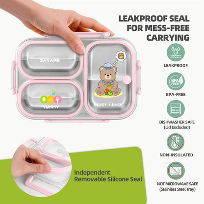 Stainless Steel Bento Lunch Box for Kids, 26.4 oz Leak-Proof 3-Compartment Metal Bento Box, BPA-Free, Cute Cartoon Meal Prep Snack Container with Utensils for School, Office, Travel - Pink