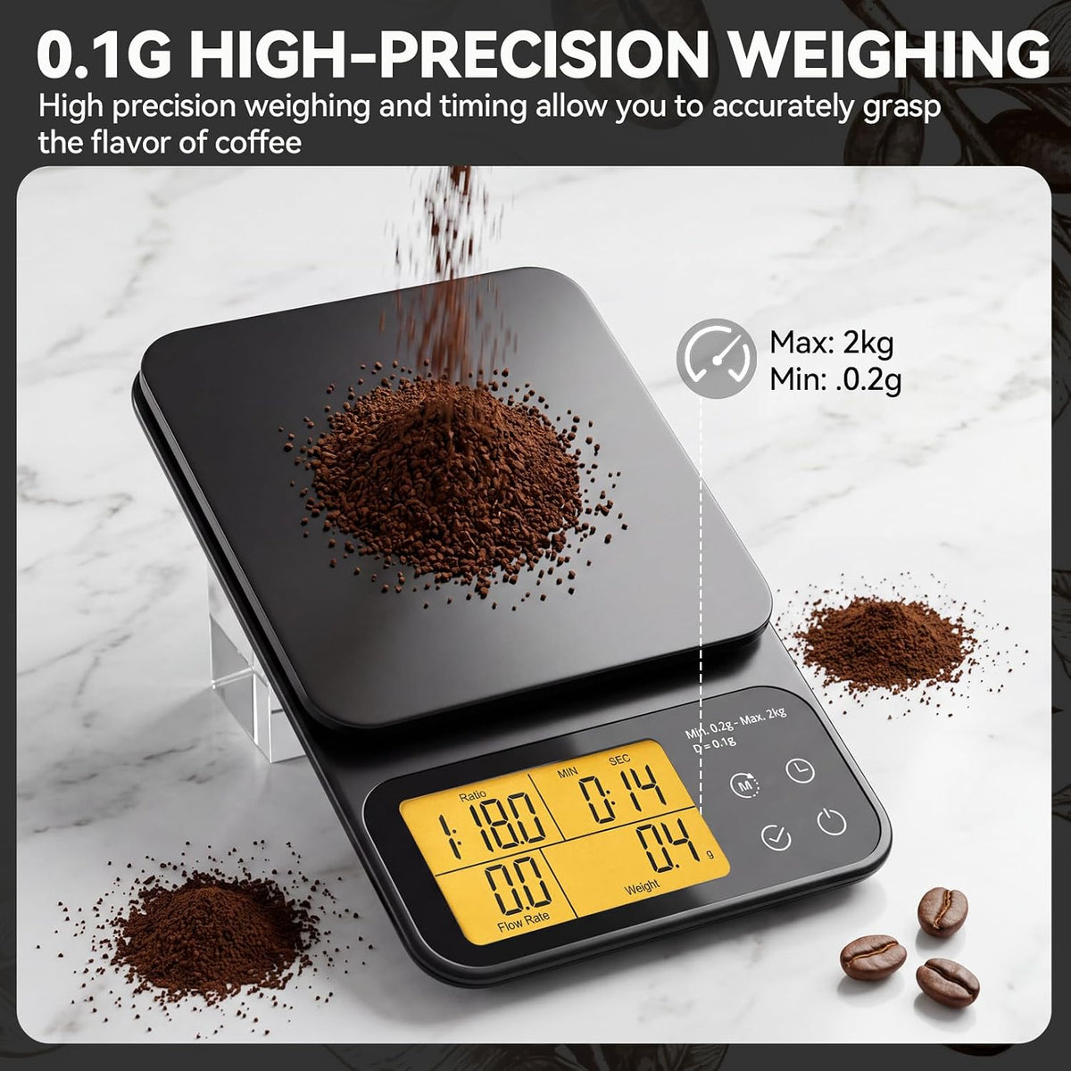 Pour Over Coffee Scale with Timer, 0.1g Precision, 2kg Capacity