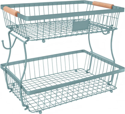 Fruit Basket Bowl 2 Tier Detachable with 2 Banana Hangers, Fruit Stand Holder for Kitchen Countertop, Metal Wire Vegetable Storage Organizer, for Bread Snack Veggies Produce, Black