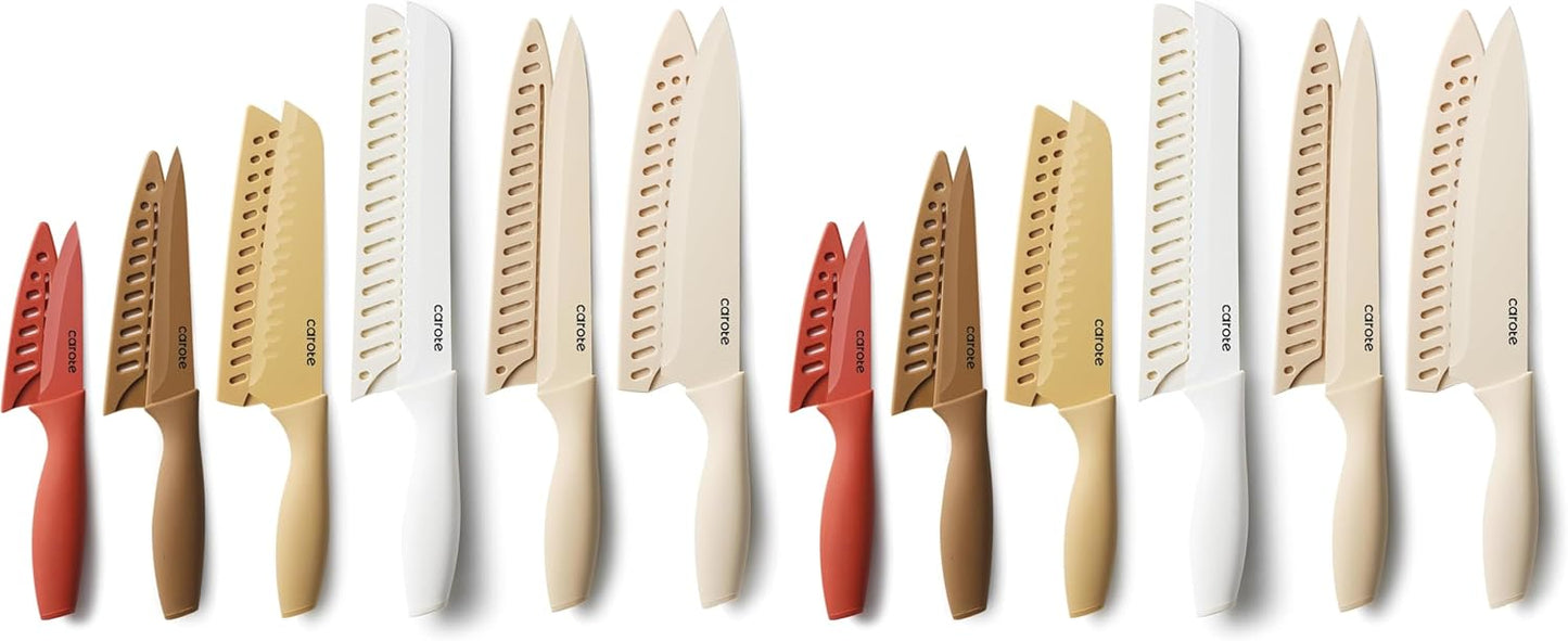 CAROTE Knife Set, 11 Pcs Kitchen Knives with 5 Blade Guards & Non-Slip Cutting Board, Rustproof Stainless Steel 5 Kitchen Knife Set, Plain Black