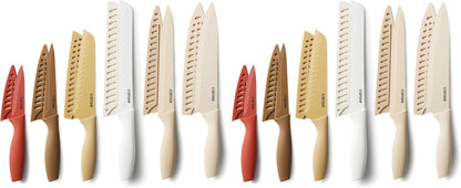 CAROTE Knife Set, 11 Pcs Kitchen Knives with 5 Blade Guards & Non-Slip Cutting Board, Rustproof Stainless Steel 5 Kitchen Knife Set, Plain Black