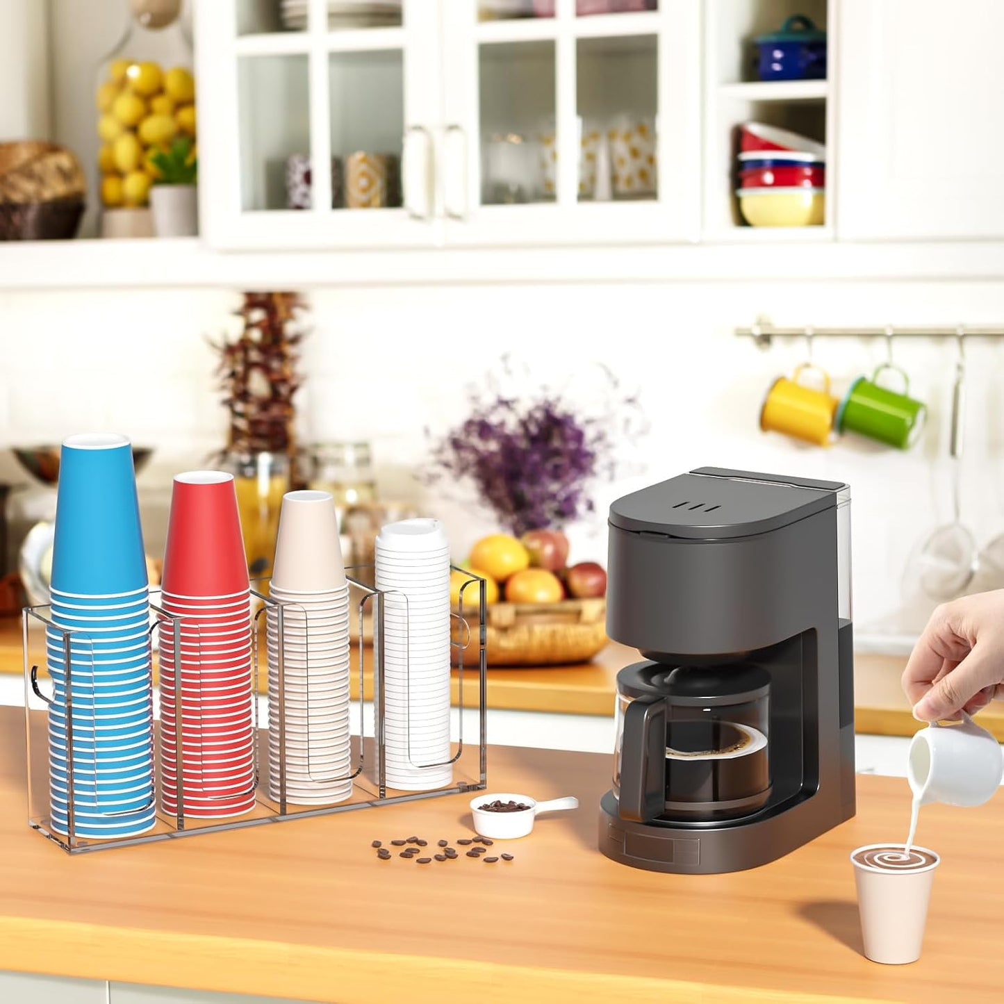 WINFFOR Disposable Cup Organizer Dispenser - 2 Compartments Clear Acrylic Cup and Lid Holder with Handles Plastic Cup Dispenser Countertop Paper Cup Holder for Coffee Bar House Party Essentials