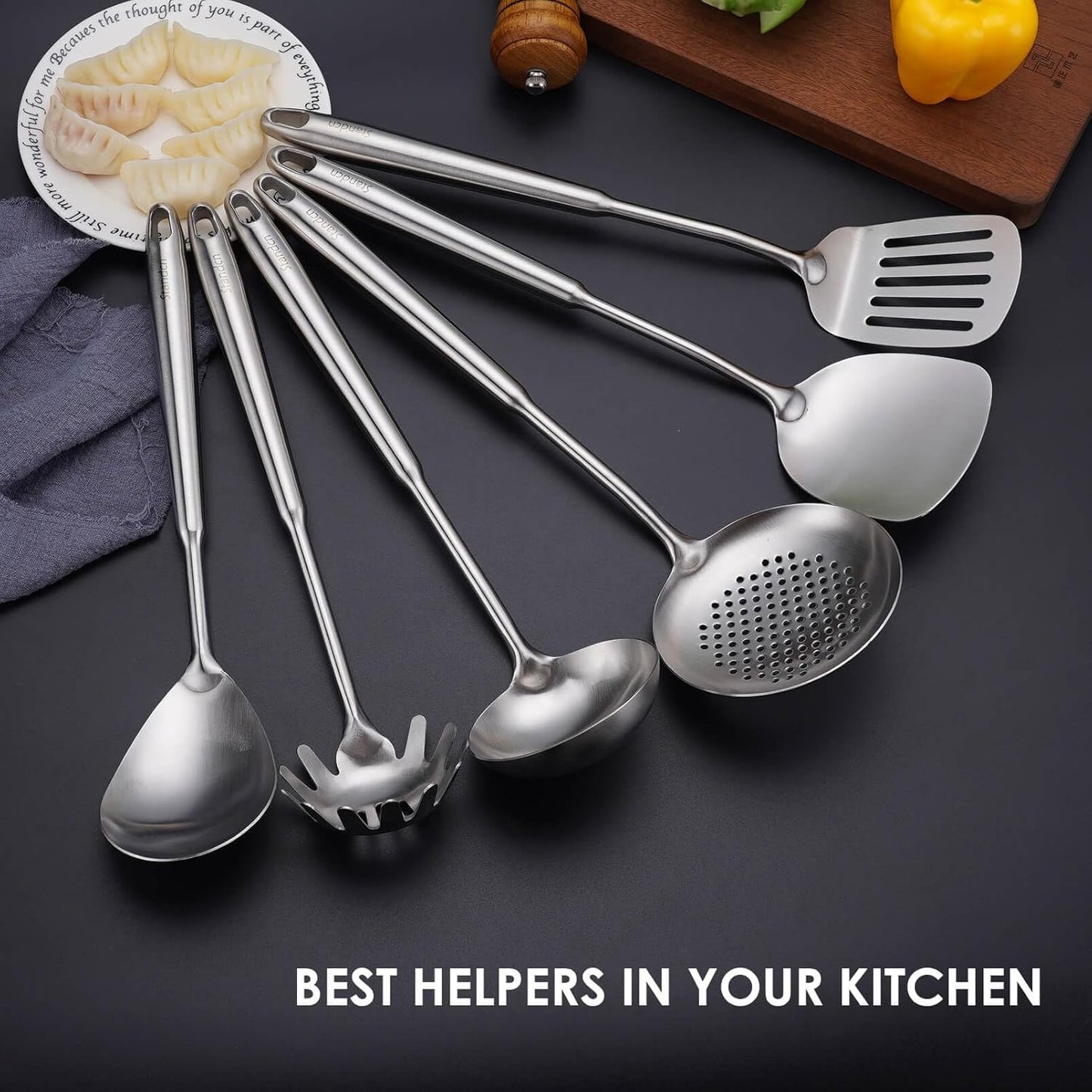 18/10 Stainless Steel Kitchen Utensils Set - 12 PCS All Metal Cooking Tools & 15″ Serving Utensils - Potato Masher, Meat Fork, Tongs, Turner, Pasta, Serving Spoon, Skimmer, Ladle, Spatula Spoon Set