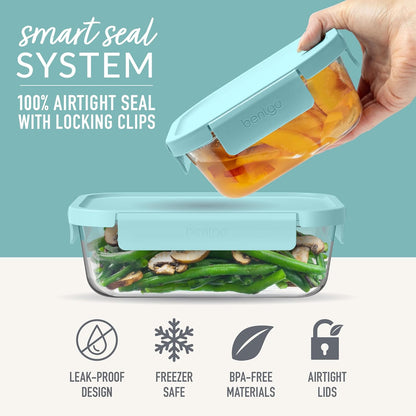 Bentgo Glass Leak-Proof Food Storage Set - 4-Piece Glass Containers with BPA-Free Airtight Lids, Reusable & Durable for Leftovers & Meal Prep - Microwave, Freezer, Oven & Dishwasher Safe (Soft Aqua)