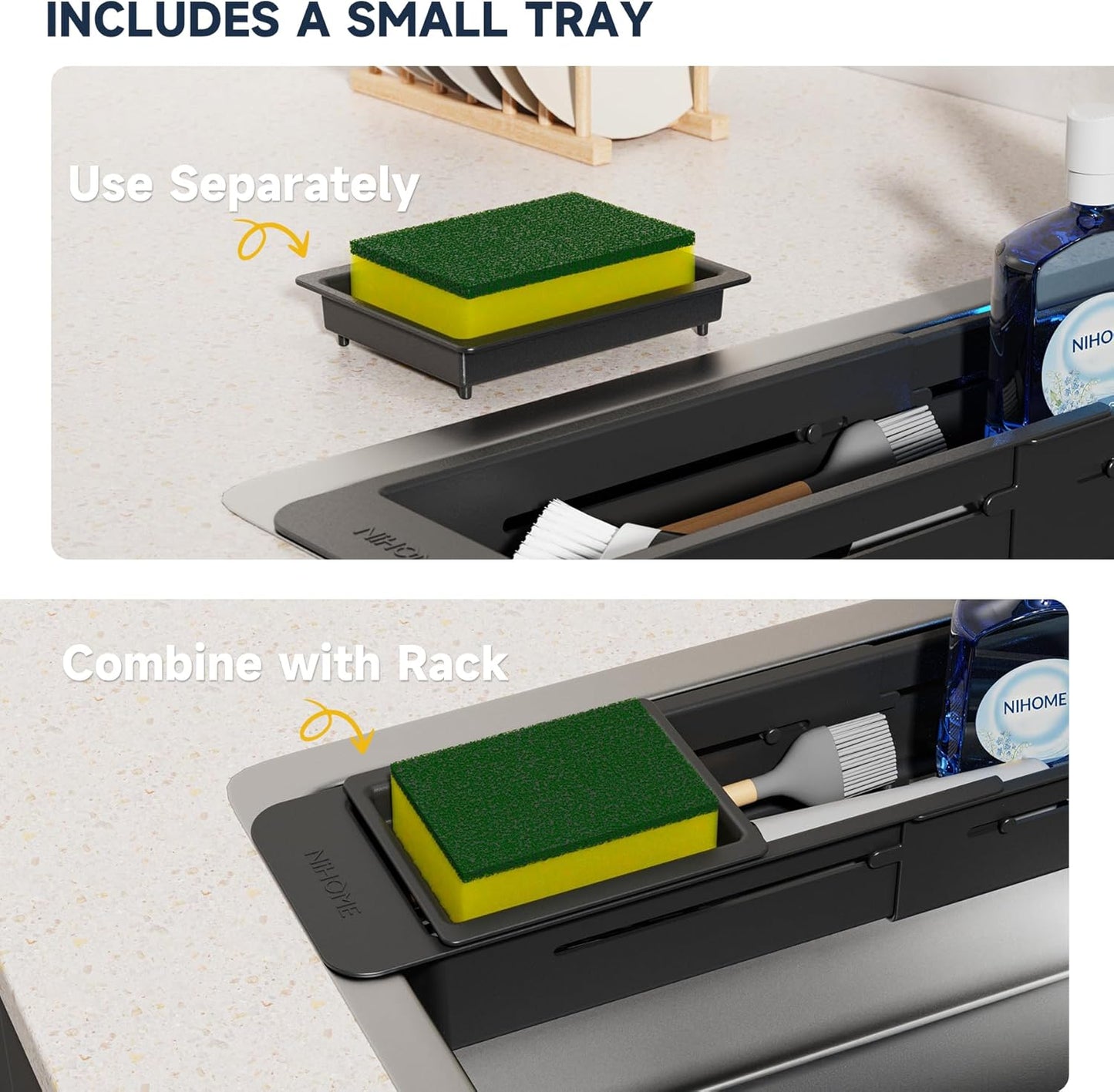 NiHome Extendable Over Sink Kitchen Organizer, Small Telescopic Brush Storage Rack for Sponge, Non-Slip Pads Expandable Sink Caddy, Adjustable Sponge/Brush Rack with Drainage Durable ABS (Dark Gray)