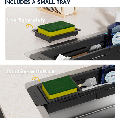 NiHome Extendable Over Sink Kitchen Organizer, Small Telescopic Brush Storage Rack for Sponge, Non-Slip Pads Expandable Sink Caddy, Adjustable Sponge/Brush Rack with Drainage Durable ABS (Dark Gray)