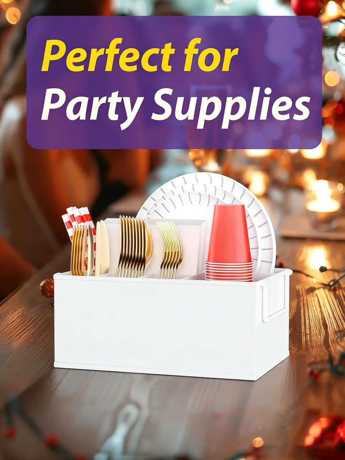 NelyBet Paper Plate Dispenser Holders Utensil Caddy for Countertop,Outdoor Silverware Caddy, Picnic and Camping Utensil Holder, Flatware Organize with Handle for Party Gatherings, Metal (Black)
