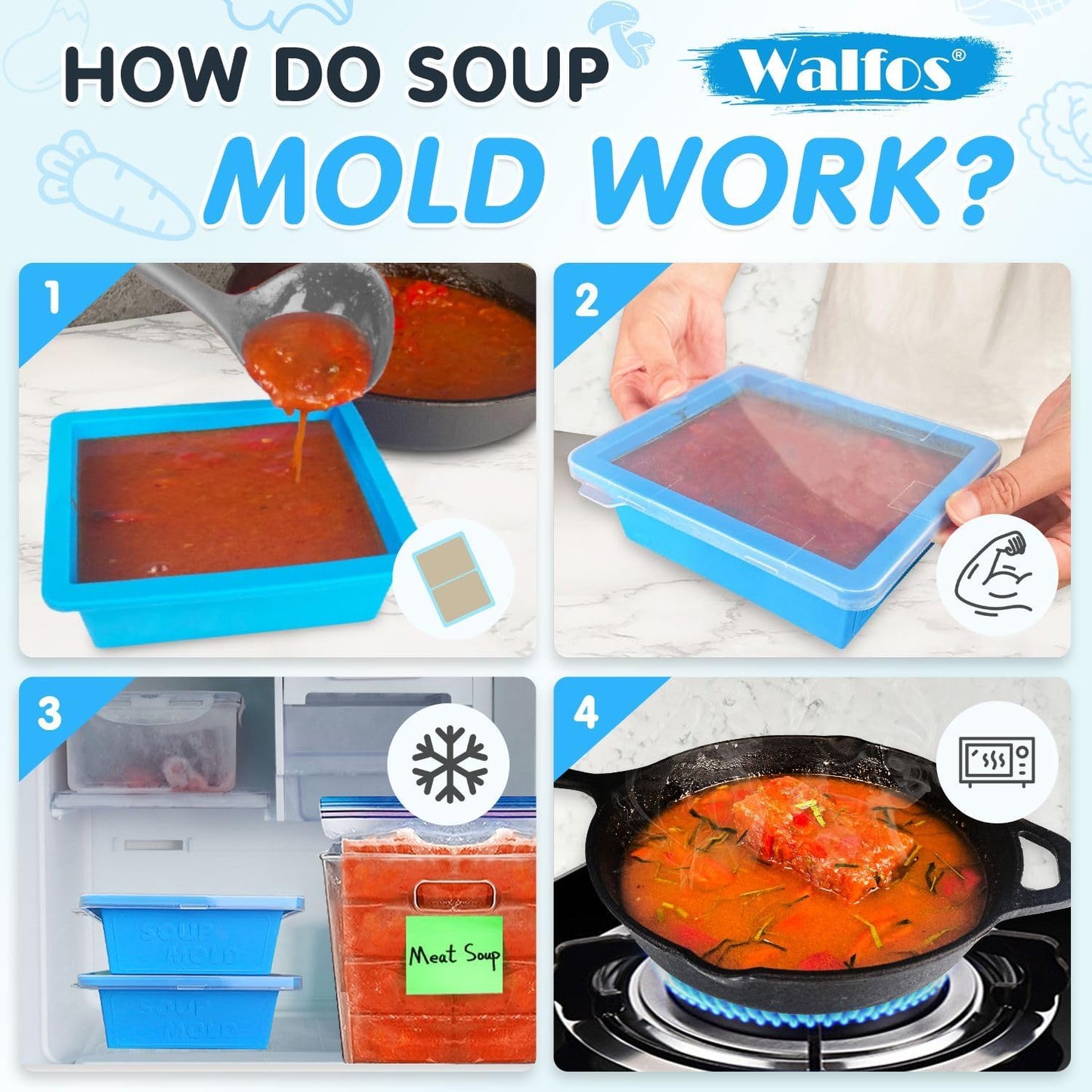 Walfos Silicone Freezer Tray with Lid - 1.5Cup Silicone Food Freezer Tray - Soup, Sauce, leftovers, Homemade Meal Prep Freezing Kitchen Storage Containers - 4pcs-blue