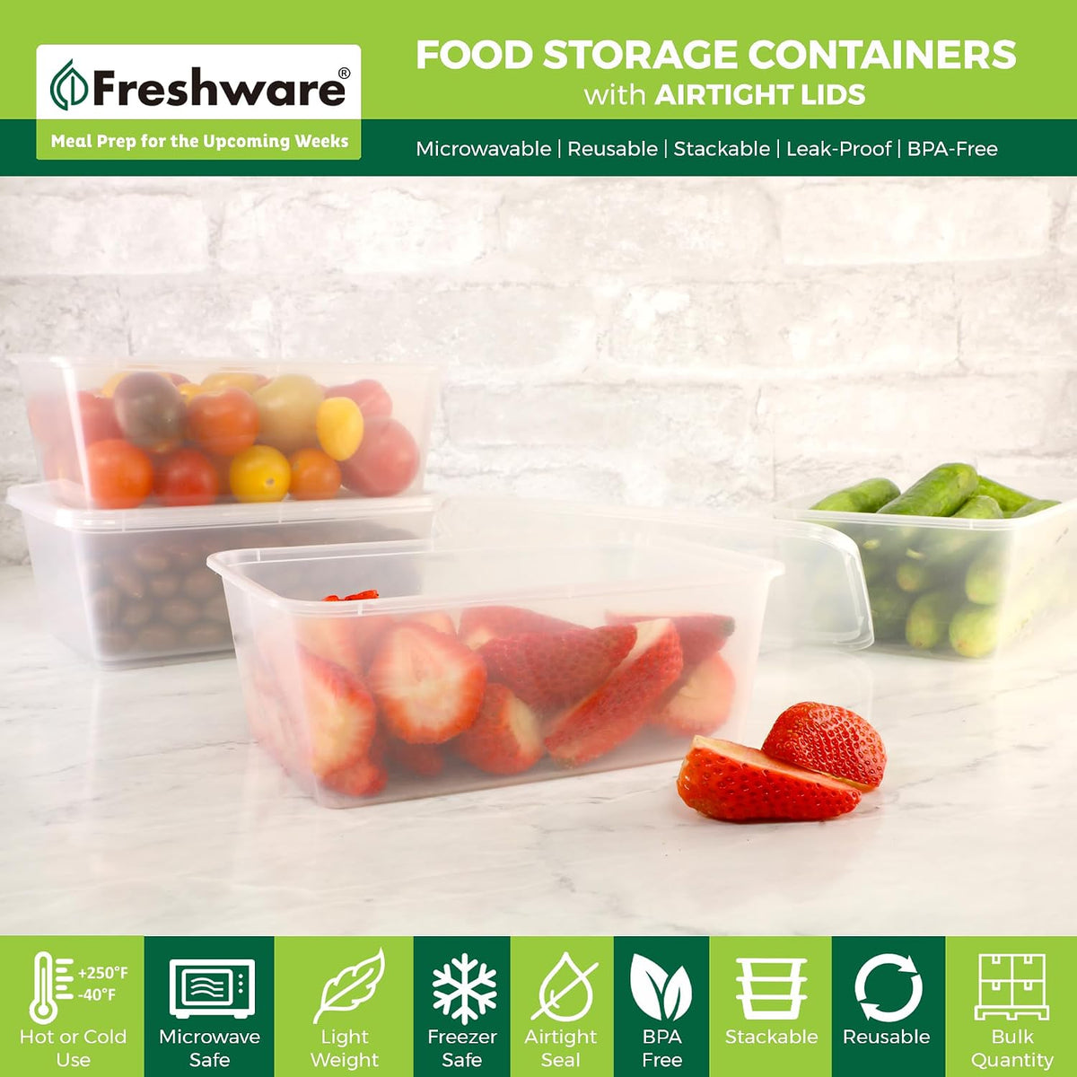 Freshware Food Storage Containers with Lids [60 Pack 8, 16, 32 oz, 20 sets each size] Plastic Deli Containers, Meal Prep Containers, Microwave and Freezer Safe, Stackable, Leakproof, BPA Free, Clear