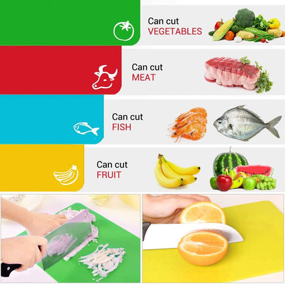 Kitchen Plastic Cutting Board Set - Extra Thick Flexible Cutting Mat for Cooking, Non-Slip Chopping Board with Colored Food Icons & Easy-Grip Handles, Dishwasher Safe, Set of 4