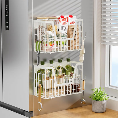 2 Set Magnetic Shelf for Fridge, Potato & Onion Storage Bins, Magnetic Fruit Basket for Refrigerator Pantry Kitchen Counter Laundry Organizer, Fridge Magnetic Spice Rack Magnet Fridge Storage