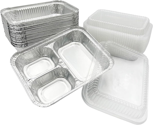 The Baker Celebrations 3 Compartment Aluminum Foil Trays with Lids [30] Pack - 20 oz Disposable Divided Meal Prep Containers - To Go TV Dinner Plates for Takeout & Freezer - Made in USA (8.5" x 6.5")