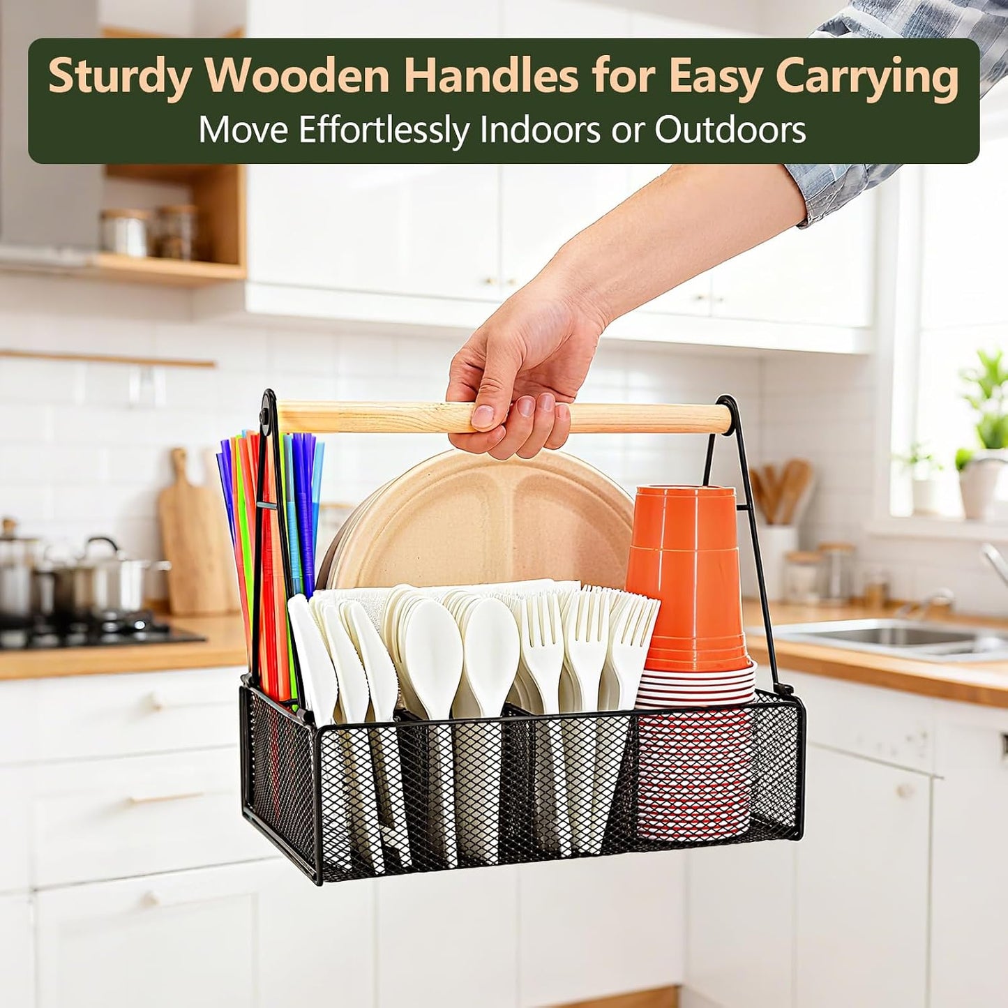 Metal Silverware Caddy for Countertop – 7 Compartment Paper Plate and Utensil Organizer with Side Handles – Cutlery Holder for Party, Buffet, Picnic, or Kitchen Table