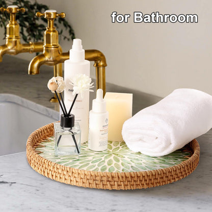 Round Rattan Tray with Mother of Pearl Inlay, Rattan Serving Tray for Coffee, Bread, Fruits, Decorative Wicker Tray for Table Decor, Home Decor, Kitchen Island Decor(Black Checkerboard, 11.8")