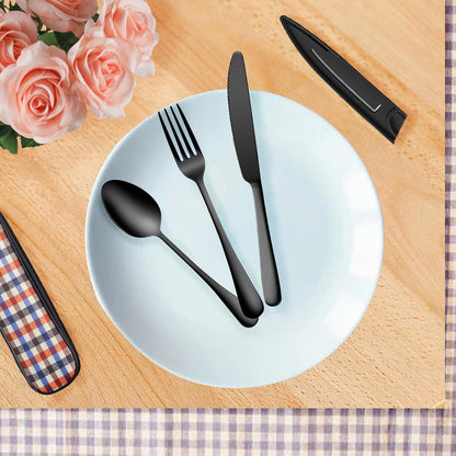 Portable Travel Utensils Set, 18/8 Stainless Steel 3 PCS Cutlery Set Including Knife Fork and Spoon, Reusable Travel Silverware Set with Case for Lunch Box Camping School Office