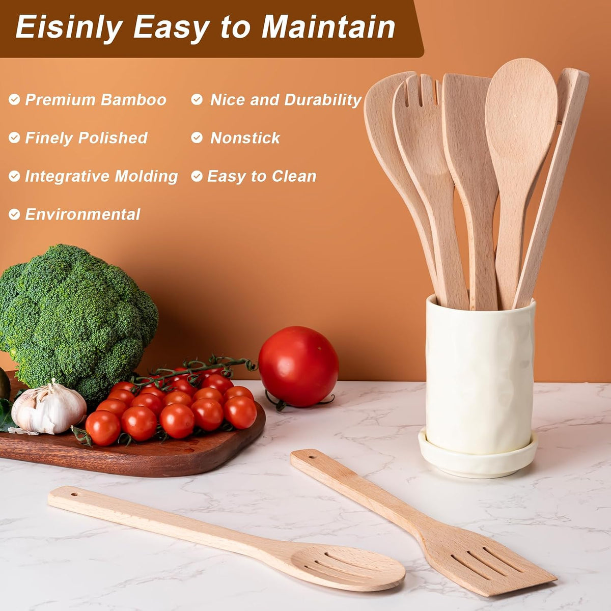 Eisinly 7-Piece Wooden Cooking Spoons, Natural Bamboo Utensil Set