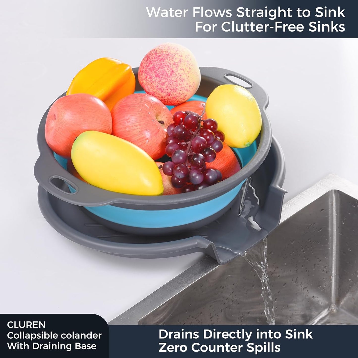 Collapsible Colander Set with Oversized Draining Tray | 3-Pack Foldable Kitchen Strainers + Base | Space Saving for Pasta, Veggies, Fruit & Rice | 5 Colors (Gray-White)