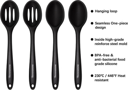 Silicone Cooking Spoon, Nonstick Kitchen Spoons for Cooking, Slotted and Solid Serving Spoon Heat Resistant, Silicone Mixing Spoons Basting for Nonstick Cookware 4 Pack