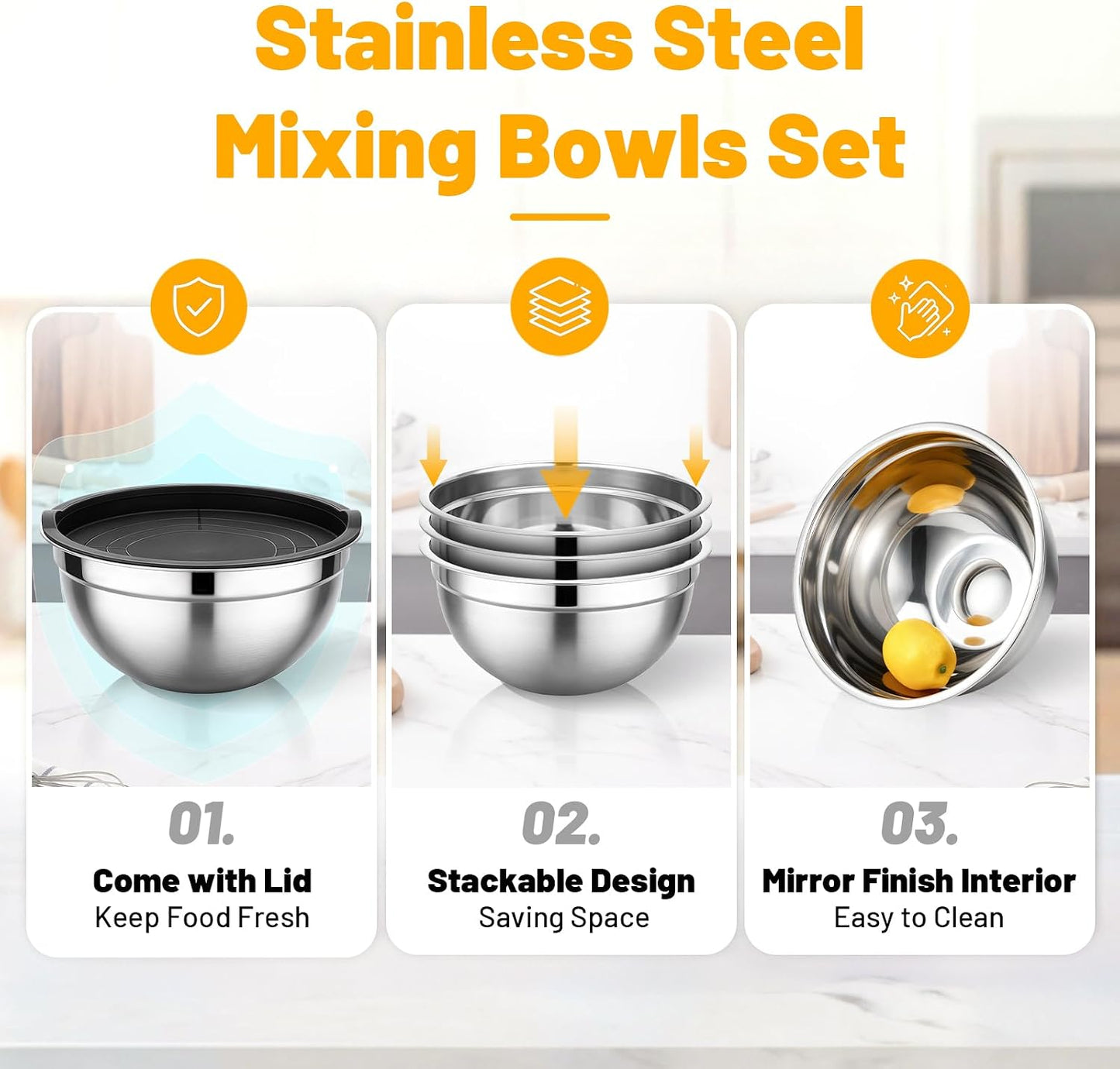 Beasea Stainless Steel Mixing Bowls, 5 Pack 1.5 QT Stackable Nesting Mixing Bowls with Airtight Lids, Metal Bowl with Lid for Baking, Meal Prepping, Salad, Serving, Food Storing