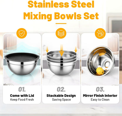 Beasea Stainless Steel Mixing Bowls, 5 Pack 1.5 QT Stackable Nesting Mixing Bowls with Airtight Lids, Metal Bowl with Lid for Baking, Meal Prepping, Salad, Serving, Food Storing